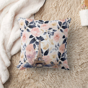 Pink Blue Leaves Floral Paris Eiffel Tower Throw Pillow