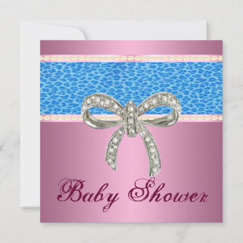 Pink Blue Leopard Diamond Bow Baby Shower Invite