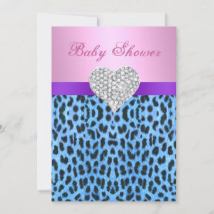 Pink Blue Leopard Print Heart Baby Shower Invite