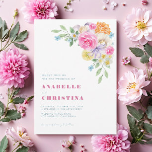 Pink Blue Lilac Watercolor Floral Vibrant Wedding Invitation