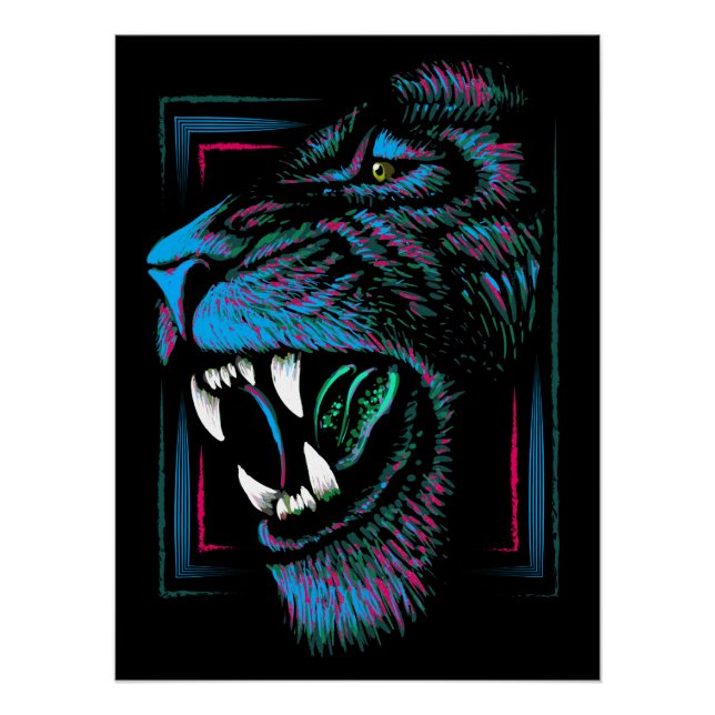 Pink Blue Lion Head Illustration - Lion Poster (Front)