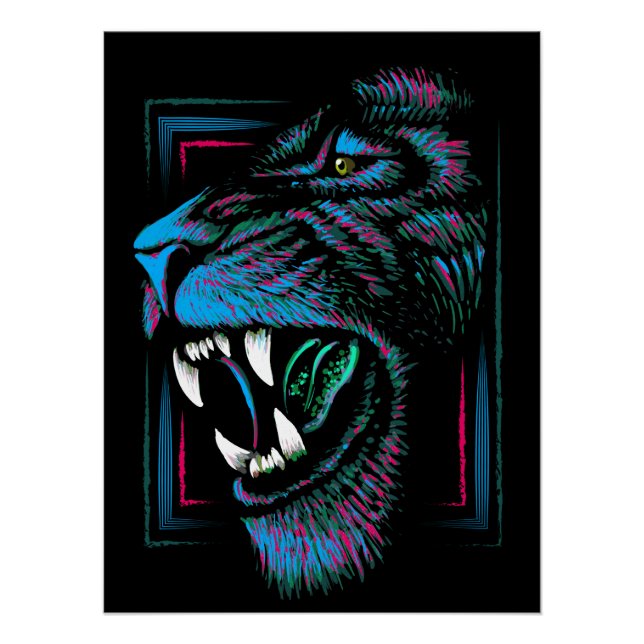 Pink Blue Lion Illustration - Lion Glossy Poster (Front)