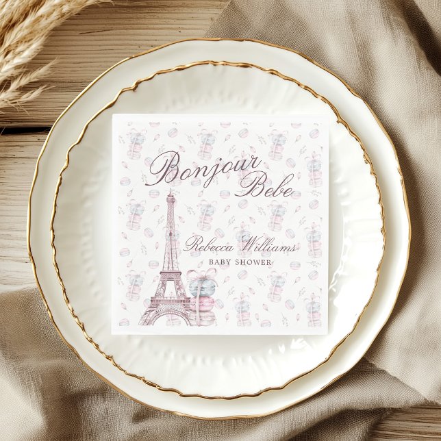 Pink Blue Macaron Bonjour Bebe Paris Baby shower Napkins (Creator Uploaded)