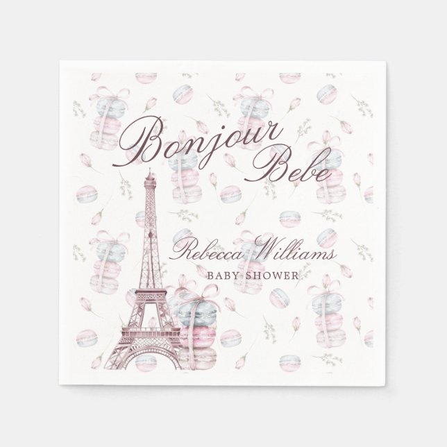 Pink Blue Macaron Bonjour Bebe Paris Baby shower Napkins (Front)