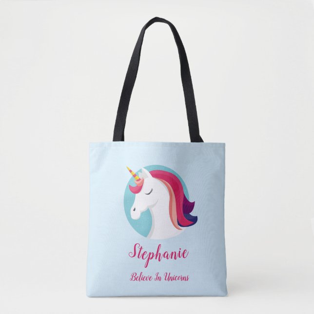 Pink & Blue Magical Unicorn – Personalized Tote Bag (Front)