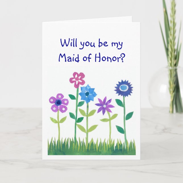 Pink, Blue, Mauve Flowers Maid of Honor Request Invitation (Front)