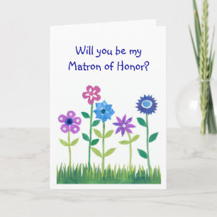 Pink, Blue, Mauve Flowers Matron of Honor Request Invitation