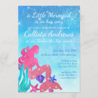 Pink Blue Mermaid Glitter Watercolor Baby Shower Invitation