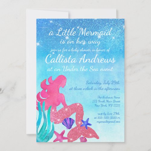 Pink Blue Mermaid Glitter Watercolor Baby Shower Invitation