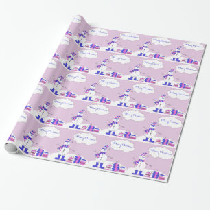 Pink & Blue Merry Christmas Snowman With Stripes Wrapping Paper