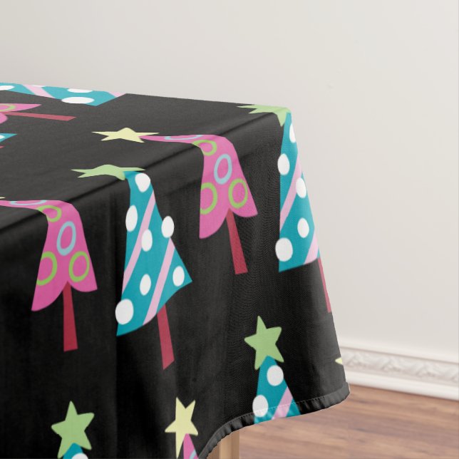Pink & Blue Merry Christmas Trees BlackTablecloth Tablecloth (In Situ)