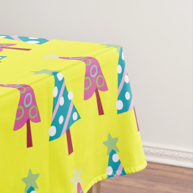 Pink & Blue Merry Christmas Trees Yellow Tablecloth (In Situ)