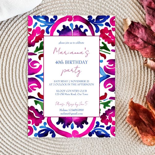 Pink blue Mexican Talavera tiles birthday template