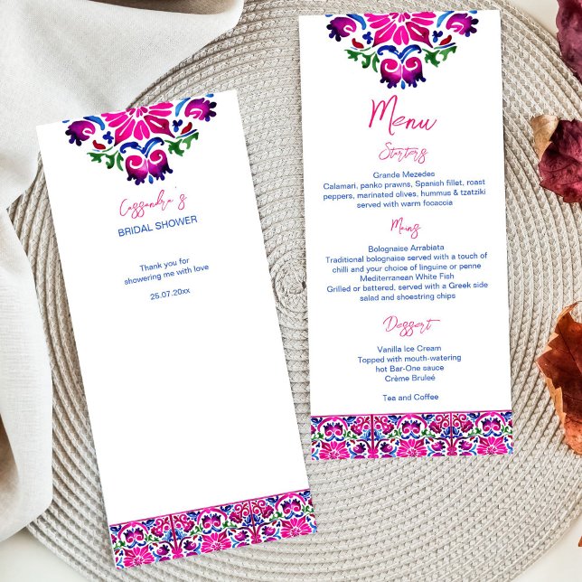 Pink blue Mexican Talavera tiles Menu (Pink magenta blue Mexican Talavera tiles pattern bridal shower wedding menu card bright colorful)
