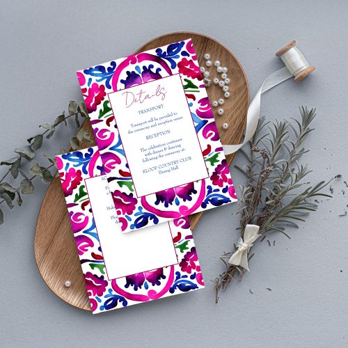 Pink blue Mexican Talavera tiles wedding details Enclosure Card