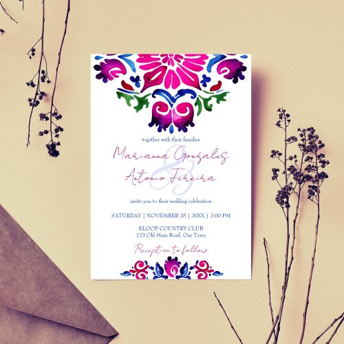 Pink blue Mexican talavera tiles wedding Invitation
