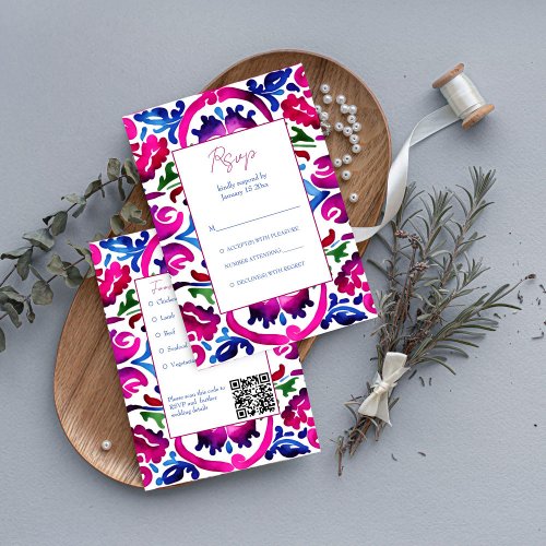 Pink blue Mexican Talavera tiles wedding RSVP Enclosure Card