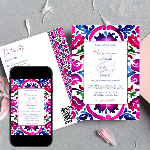 Pink blue Mexican Talavera tiles wedding template