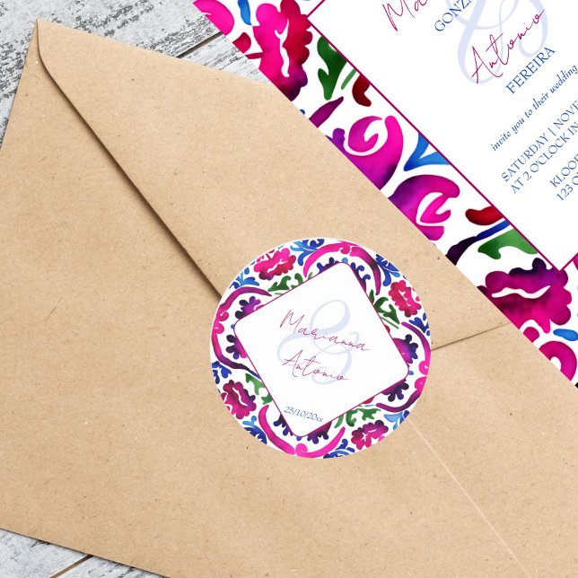 Pink blue Mexican Talavera tiles wedding template Classic Round Sticker (Pink blue Mexican Talavera tiles wedding template Stickers bride and groom names stickers)