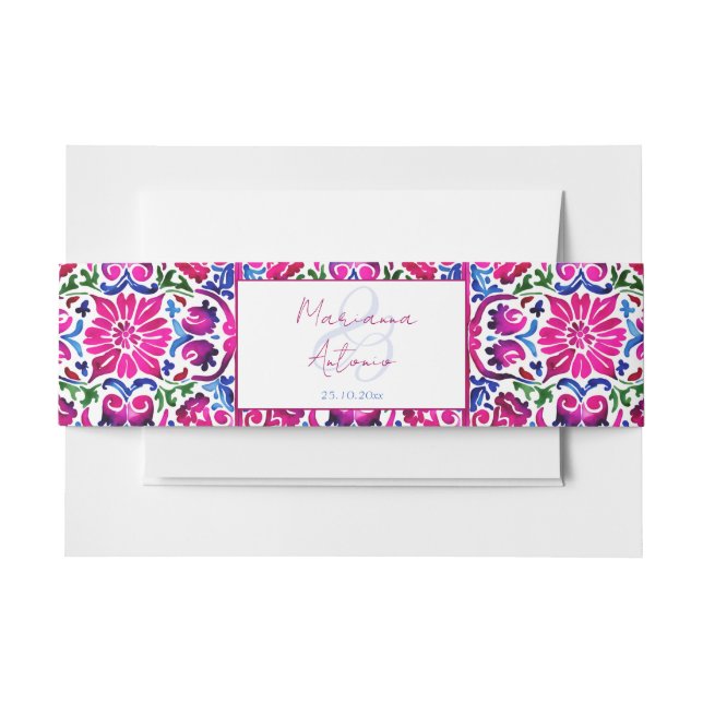 Pink blue Mexican Talavera tiles wedding template Invitation Belly Band (Front Example)