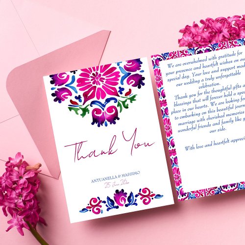 Pink blue Mexican talavera tiles wedding Thank You Card