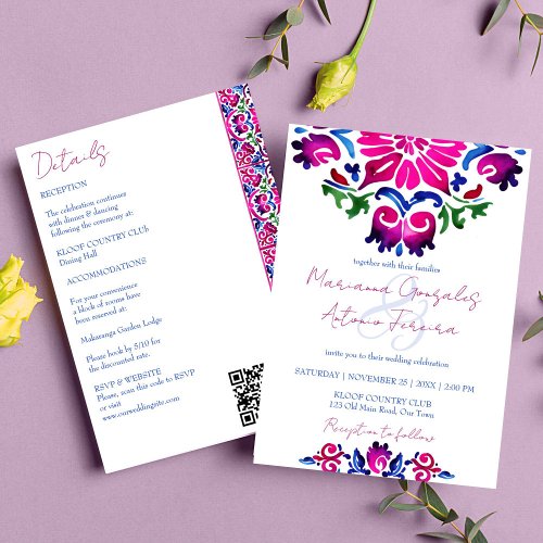 Pink blue Mexican tiles all in one wedding Invitation