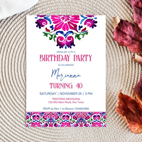 Pink blue Mexican tiles birthday party template