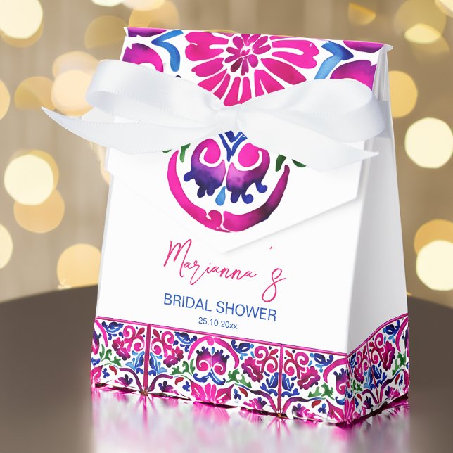 Pink blue Mexican tiles bridal shower Favor Boxes (Mexican Talavera tiles pink and blue Fiesta Mexicana themed bridal shower favor gift box)