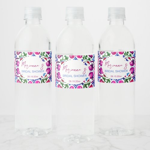 Pink blue Mexican tiles bridal shower personalized Water Bottle Label