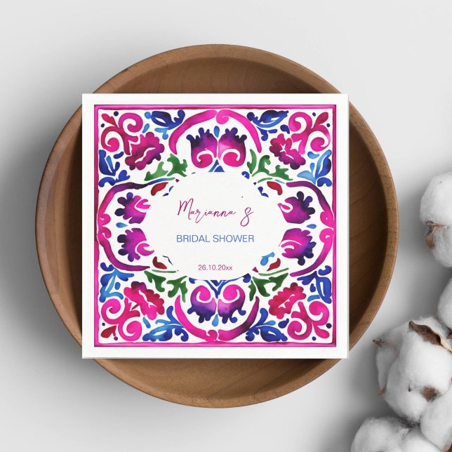 Pink blue Mexican tiles bridal shower tableware Napkins (Magenta pink blue Mexican Spanish Talavera tiles bridal shower tableware personalized napkins fiesta)