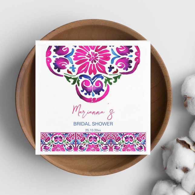 Pink blue Mexican tiles bridal shower tableware Napkins (Pink blue Maxican Talavera tiles bridal shower tableware personalized napkins modern watercolor)