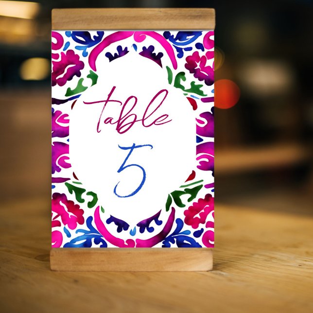 Pink blue Mexican tiles bridal shower tableware Table Number (Pink magenta blue Mexican Talavera tiles pattern table numbers personalized wedding bridal shower)