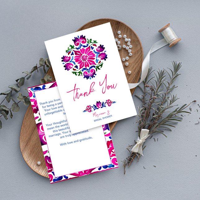 Pink blue Mexican tiles bridal shower thank you Card (Pink blue Mexican Spanish talavera tiles bridal shower thank you card wedding thank you card)