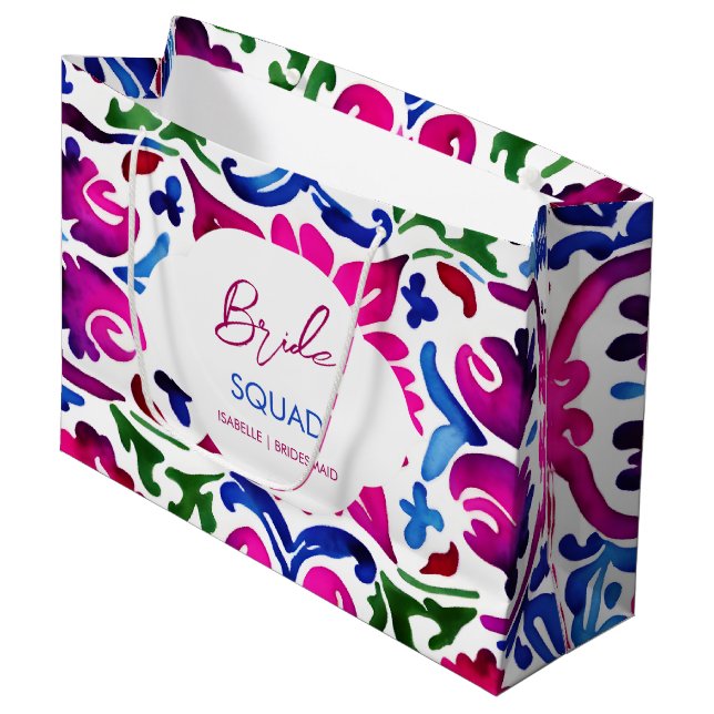 Pink blue Mexican tiles bride squad bachelorette  Large Gift Bag (Front Angled)