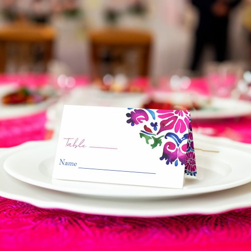 Pink blue Mexican tiles wedding name and table Place Card