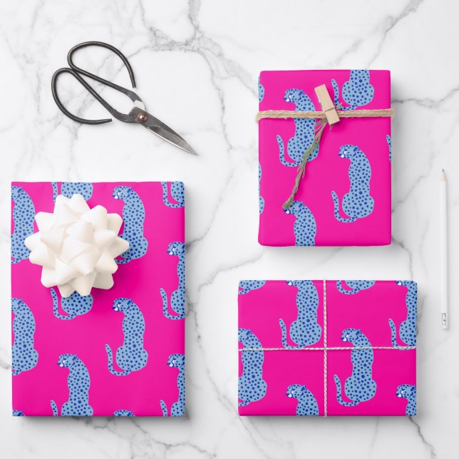 Pink & Blue Modern Cheetah Pattern Set of 3 Wrapping Paper Sheets (Front)