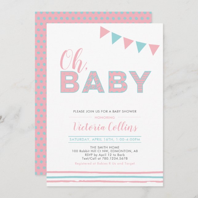 Pink & Blue | Modern Typography Girl Baby Shower Invitation (Front/Back)