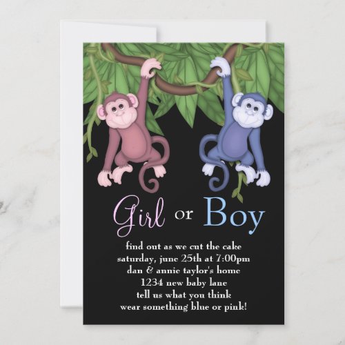 Pink Blue Monkey Gender Reveal Party Invitations