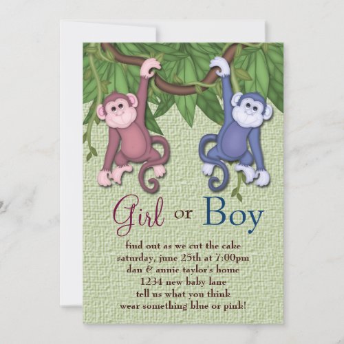Pink Blue Monkey Gender Reveal Party Invitations
