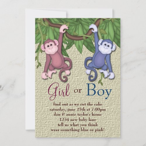 Pink Blue Monkey Gender Reveal Party Invitations