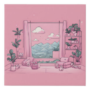 Pink Blue Mountain Window Boss Lady Office Gift Faux Canvas Print