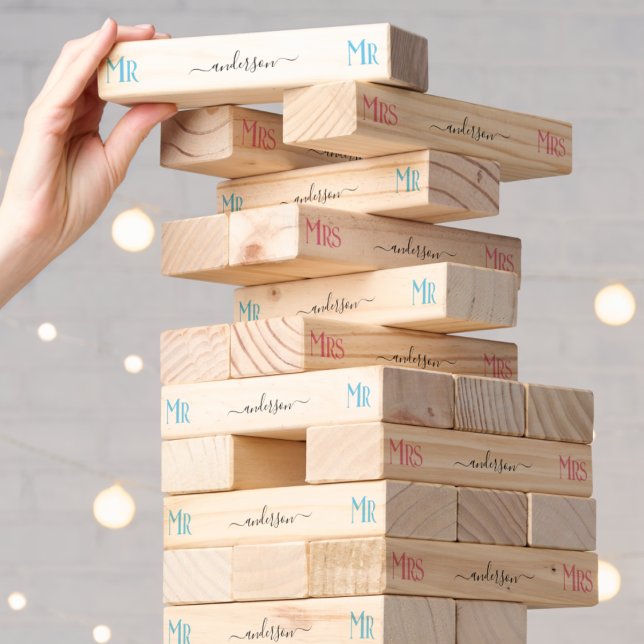 Pink & Blue Mr & Mrs Newlywed Wedding Anniversary Topple Tower (Pink & Blue Mr & Mrs Newlywed Wedding Anniversary Topple Tower)