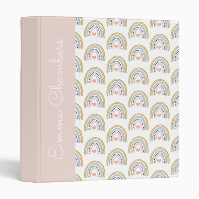 Pink Blue Mustard Boho Rainbow Personalized 3 Ring Binder (Front/Spine)