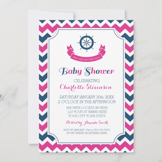 Pink Blue Nautical Custom Baby Shower Invitations (Back)