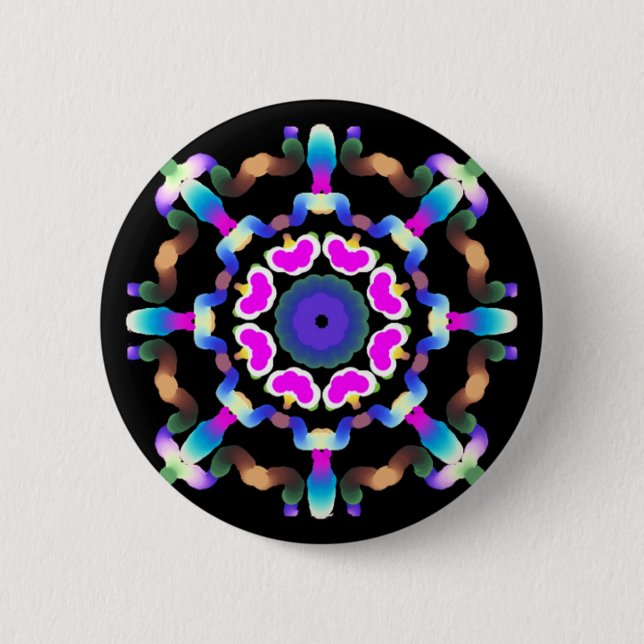 *~* Pink Blue Neon  Mandala on Black Pinback Button (Front)