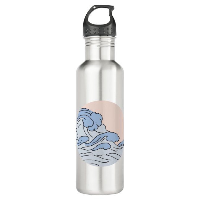 Pink/Blue Ocean Ocean Waves Aesthetic With Beach Stainless Steel Water Bottle (Front)