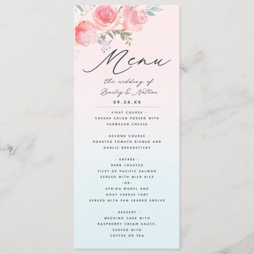 Pink Blue Ombre French Garden Floral Peony Dinner Menu