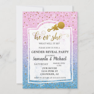 Pink Blue Ombre Glitter Gold Gender Reveal Party Invitation