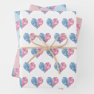 Pink Blue Ombre Glitter Hearts Baby Gender Reveal Wrapping Paper Sheets