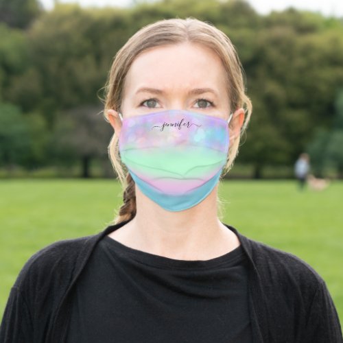 Pink Blue Ombre Stripes Pastels Green Name Monogra Adult Cloth Face Mask